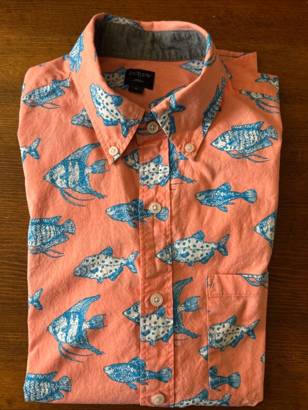 J. Crew Coral Short-Sleeve Button-Down with Blue Fish Print Size Medium